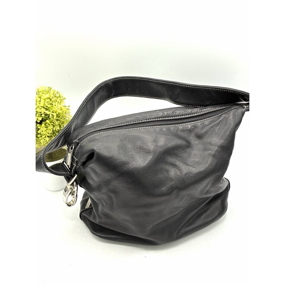 Perlina New York Black Leather Hobo Shoulder Bag White Contrast Stitch